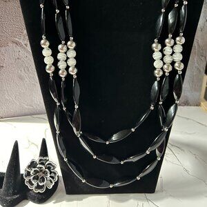 Chunky Black and White Beaded Necklace Silver Tone Three Strand & Flower Ring